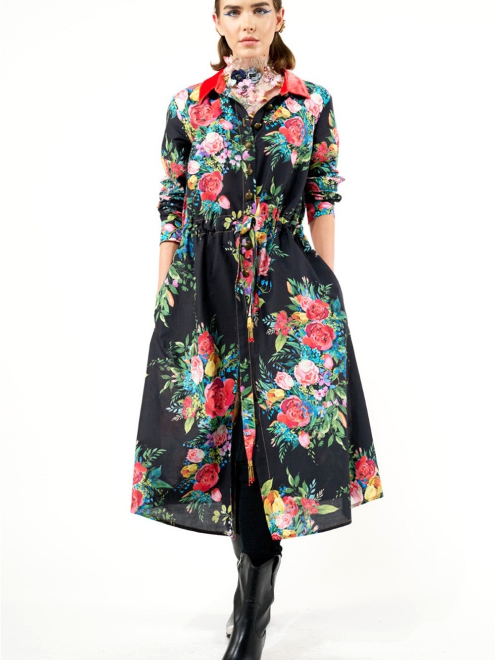 NWT Aratta Zinnia Black Floral Maxi Shirt Dress with Red Rose & Pink Accents M